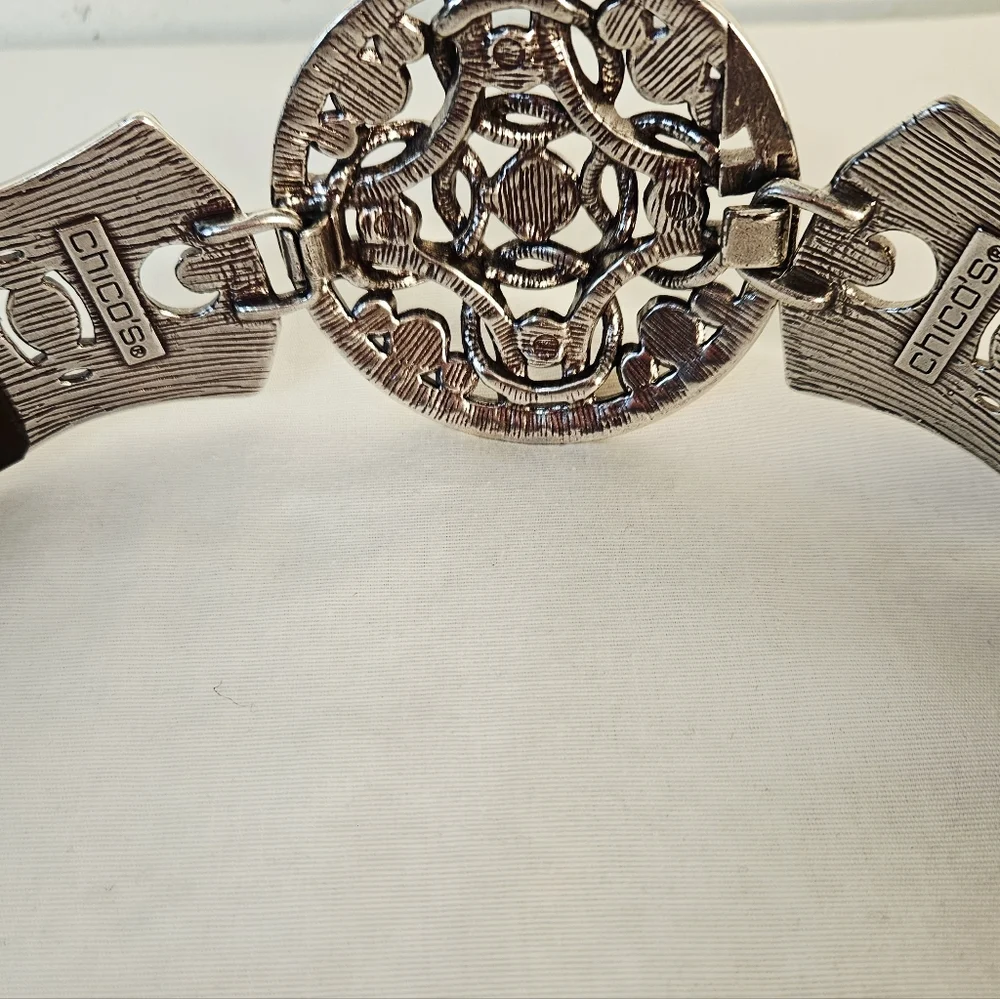 Chico's Brown Leather Western Belt Rhinestone Statement Buckle Boho M/L